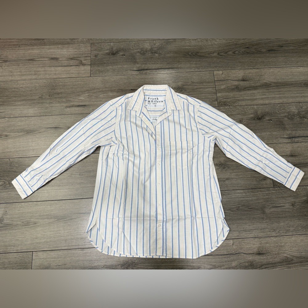 Frank & Eileen Boyfriend Cotton Button-Up Shirt Beige White Blue Stripe NEW SZ S